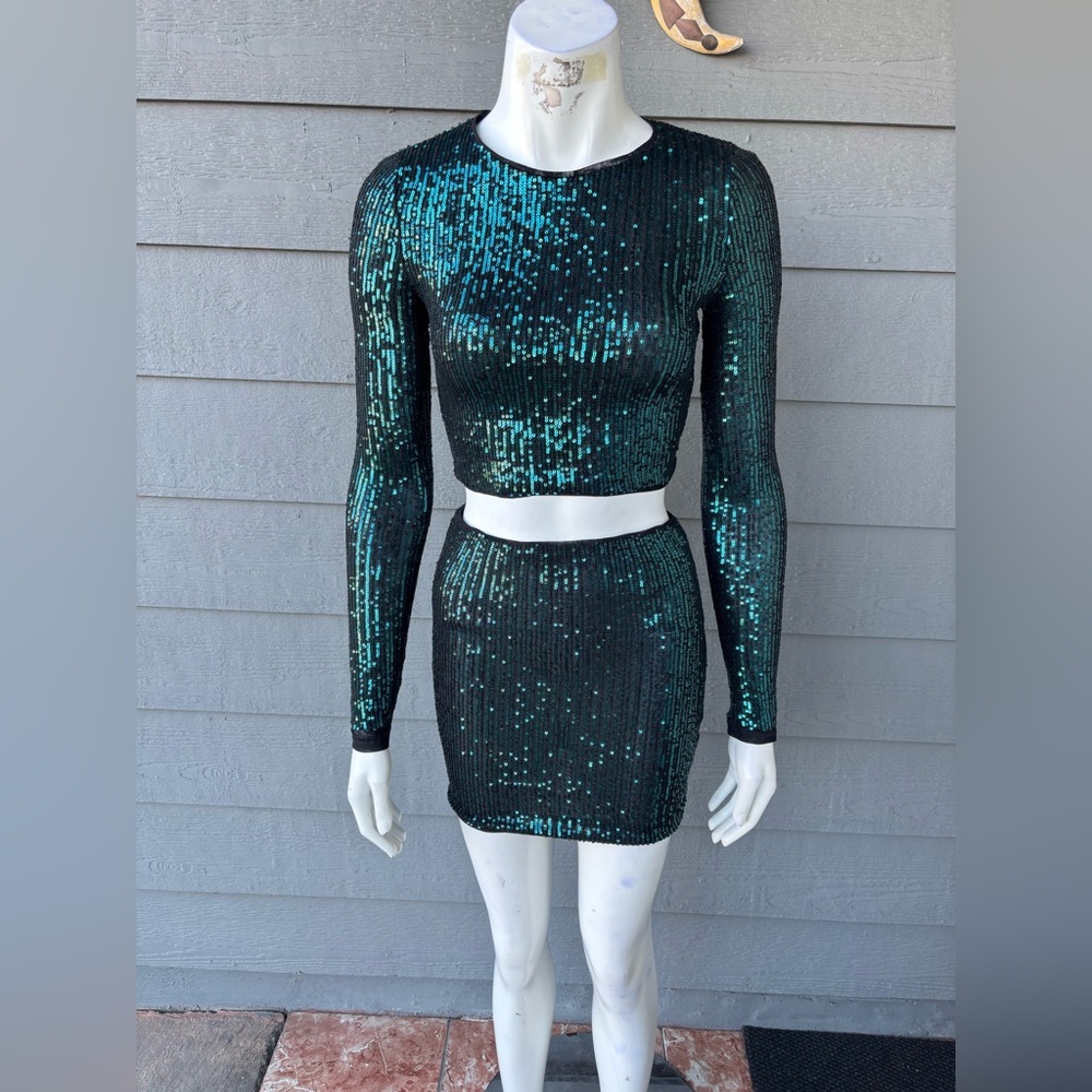 Hera Collection Black and Teal Sequin Skirt Set